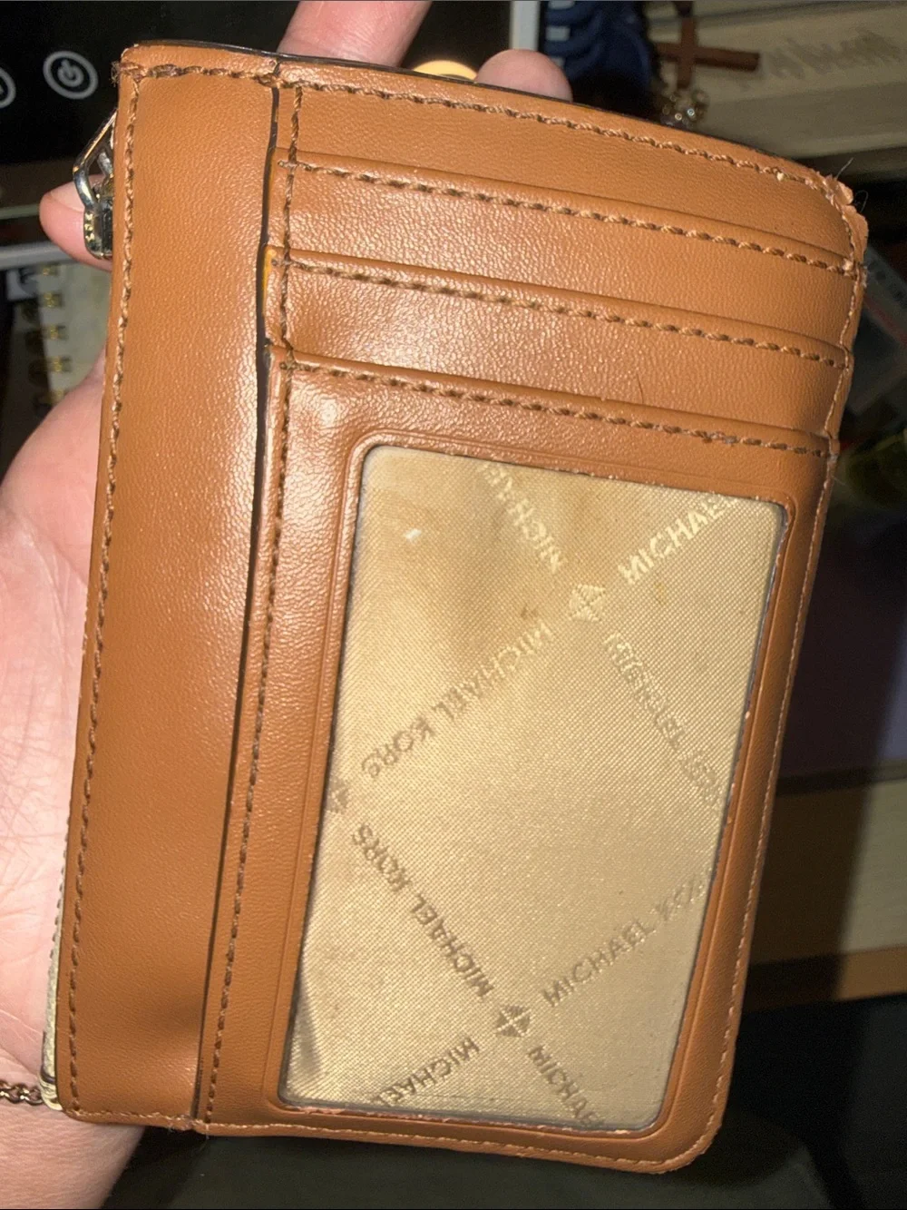 Michael Kors Metallic Gold Signature Card Case with Keyring White Wallet Leather